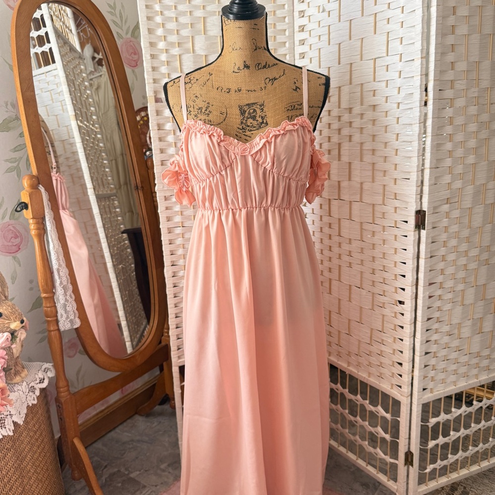Peach Rosette Off-The-Shoulder Dress